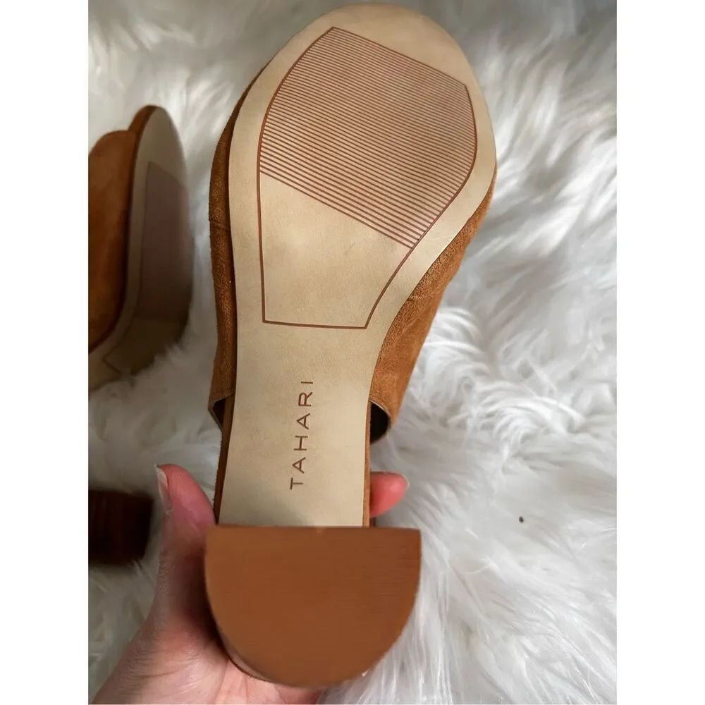 Tahari Marvel Sandals Size 8.5 Maple Brown Block Heel Suede Cutout Sling Back - Picture 4 of 10